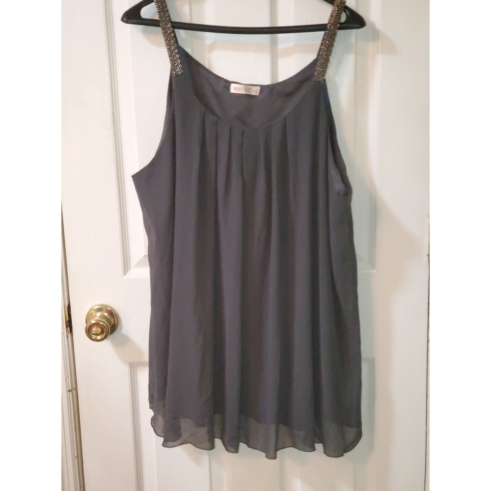 Maner Gray Beaded Strap Pleated Chiffon Layered Blouse Plus Size 4XL